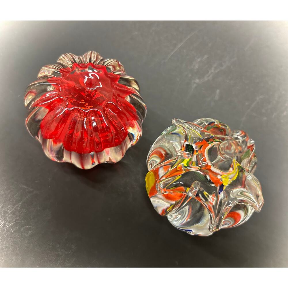 Art Glass Paperweights, Harvest Theme Confetti and Crimson, VTG Japan Lot of 2